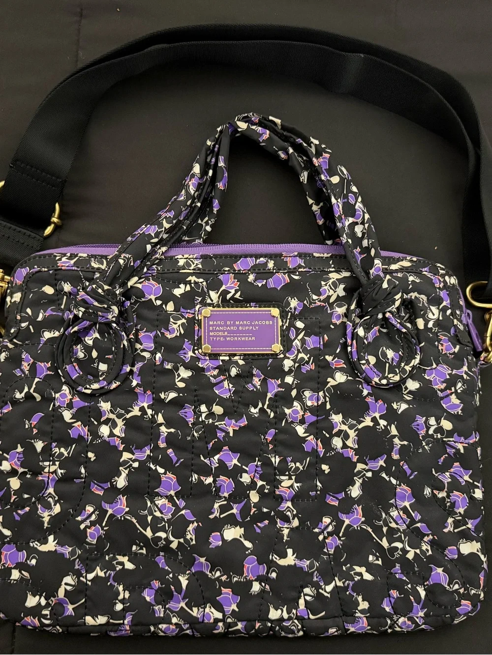Marc by Marc Jacobs Black & Purple Quilted Floral 13” Laptop Bag
